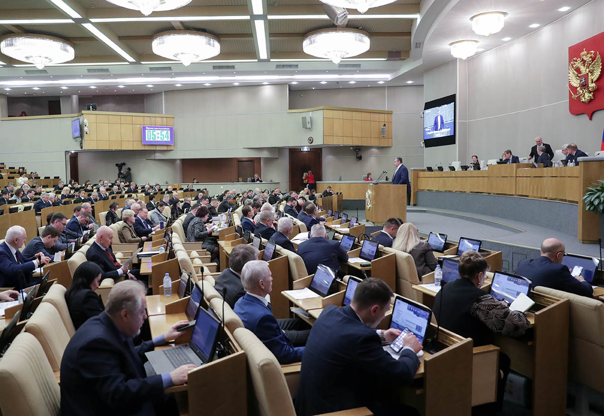 Заседание Госдумы во время обсуждения проекта поправок в Уголовный кодекс о конфискации имущества за фейки о Вооруженных Силах РФ, 24 января 2024 года. Фото RUSSIAN STATE DUMA PRESS SERVICE /EPA/Scanpix/LETA