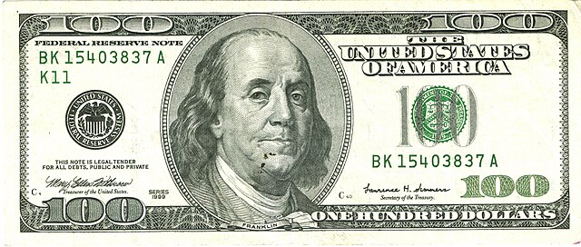 100-долларовая банкнота. Фото Wikimedia