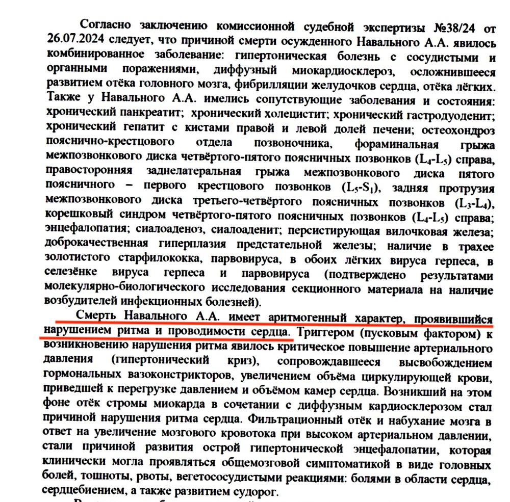 Заключение СК о смерти Алексея Навального, опубликованное Юлией Навальной