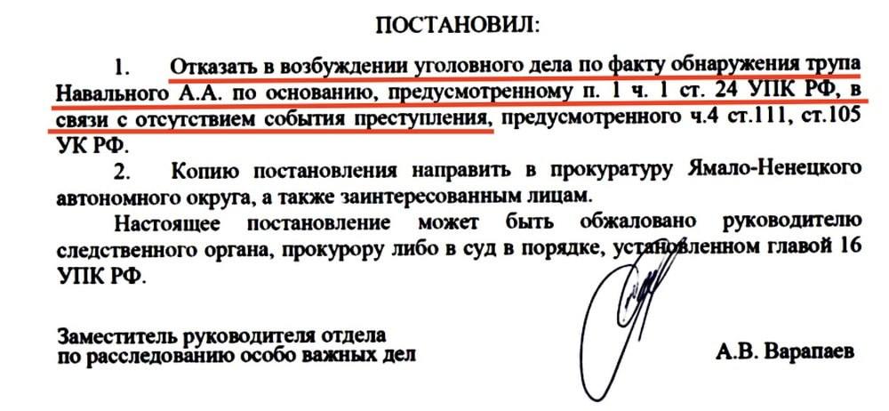 Заключение СК о смерти Алексея Навального, опубликованное Юлией Навальной