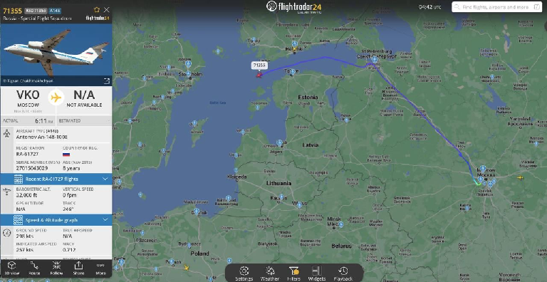 Трекинг полета Ан-148 из Москвы в Калининград 1 августа 2024 года на сайте FlightRadar