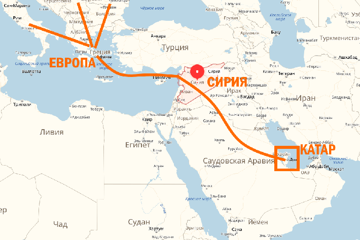 Предполагаемый маршрут трубопровода Катар - Европа.
