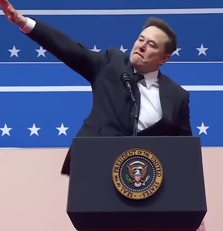 Илон Маск показывает жест, похожий на нацистское приветствие во время выступления после инаугурации Дональда Трампа. Кадр PBS News