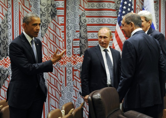 Барак Обама, Владимир Путин, Джон Керри и Сергей Лавров на встрече лидеров двух стран. Фото RIA Novosti/Scanpix