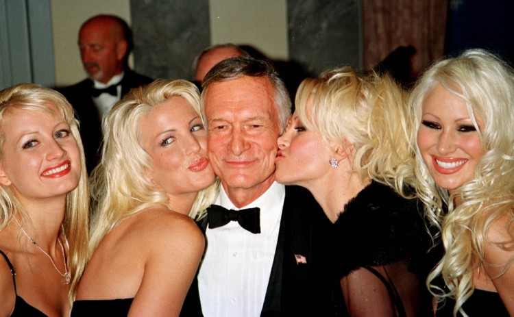 9/29/01 Hugh Hefner and playmates attend the Comedy Central/Friars Club Roast where he was honored. (NYC)