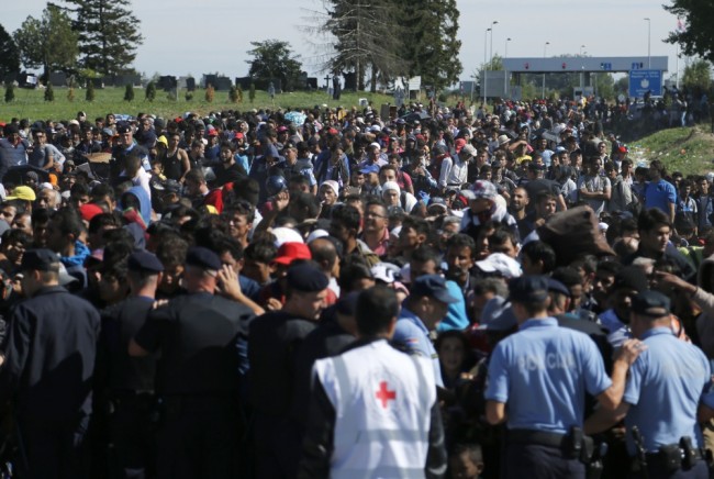 Полиция поддерживает порядок в Товарнике, пока мигранты ожидают прибытия автобусов. Хорватия. Фото REUTERS/Scanpix