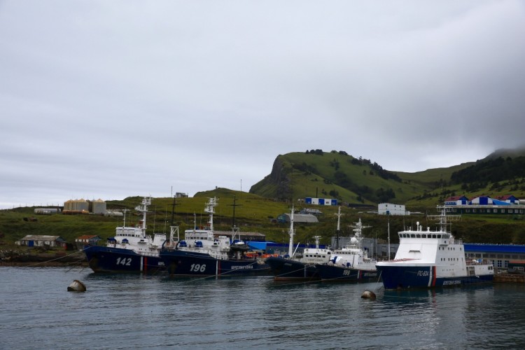 Russian coastguard ships are moored at the port of on Southern Kurile Island of Shikotan September 14, 2015. Russian residents of the island chain at the centre of a dispute between Japan and Russia that has held up a treaty to formally end World War Two hope a diplomatic solution will lure tourists and investment to help refurbish rickety infrastructure. The Southern Kuriles are referred to in Japan as the Northern Territories. Picture taken September 14, 2015. REUTERS/Thomas Peter