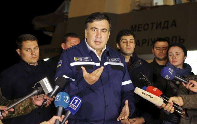Odessa's governor Mikheil Saakashvili speaks the site of a recovery operation near Odessa, Ukraine, October 17, 2015. Twelve people died when a small passenger boat sank on Saturday near the Ukrainian Black Sea port of Odessa, Ukrainian authorities said. Picture taken October 17, 2015.  REUTERS/Stringer