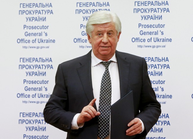 Prosecutor-General of Ukraine Viktor Shokin speaks during a news conference on the arrest of Hennadiy Korban in Kiev, Ukraine, November 2, 2015. The arrest in Ukraine of a close associate of the influential business tycoon Ihor Kolomoisky on suspicion of embezzlement is politically motivated, his lawyer said on Sunday. Hennadiy Korban was detained on Saturday in the eastern industrial city of Dnipropetrovsk, where he served as deputy governor under Kolomoisky before the latter was removed from his post in March by President Petro Poroshenko.  REUTERS/Valentyn Ogirenko