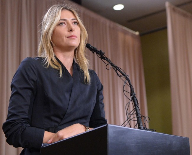 Tennis star Maria Sharapova speaks to the media announcing a failed drug test after the Australian Open during a press conference in Los Angeles, in this file photo taken March 7, 2016.  Sharapova has been suspended as a goodwill ambassador by the United Nations after the former world number one admitted she had tested positive for the banned substance meldonium at this year's Australian Open.  Mandatory Credit: Jayne Kamin-Oncea-USA TODAY Sports/Files