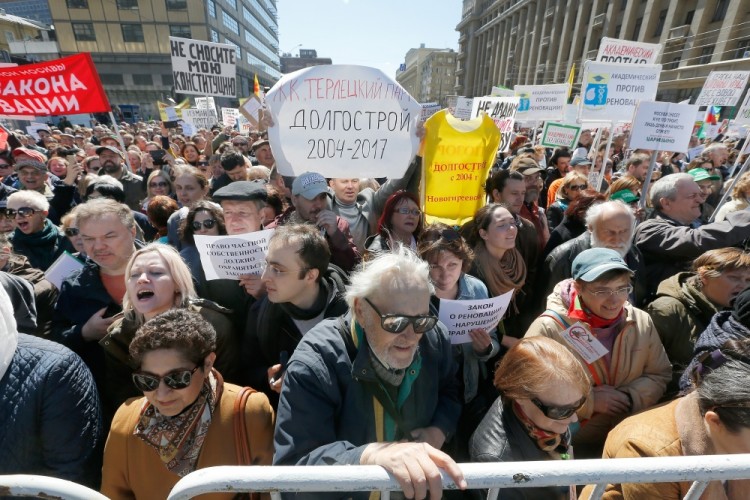 Residents attend a demonstration to protest against the decision by authorities to demolish soviet five-storey houses Moscow, Russia, May 14, 2017. REUTERS/Sergei Karpukhin