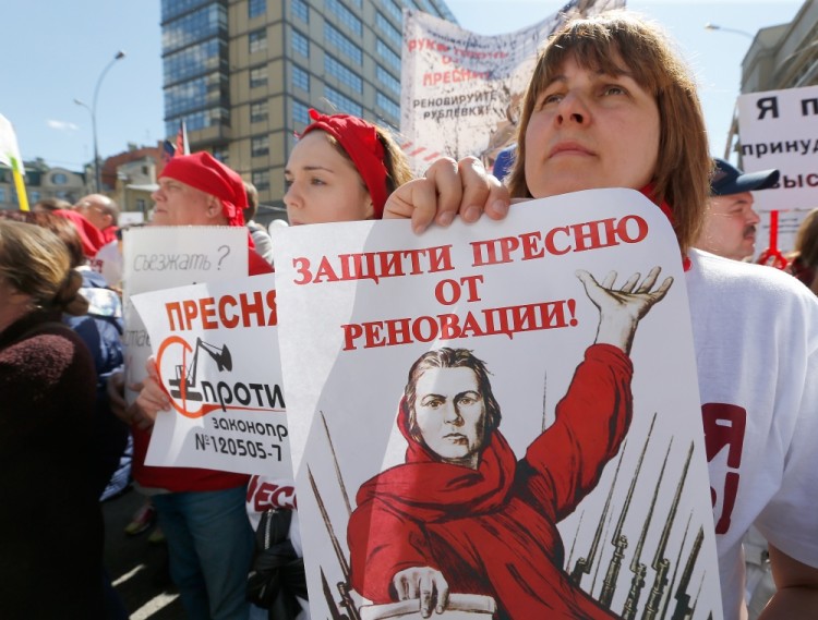 Residents attend a demonstration to protest against the decision by authorities to demolish soviet five-storey houses in Moscow, Russia, May 14, 2017. REUTERS/Sergei Karpukhin