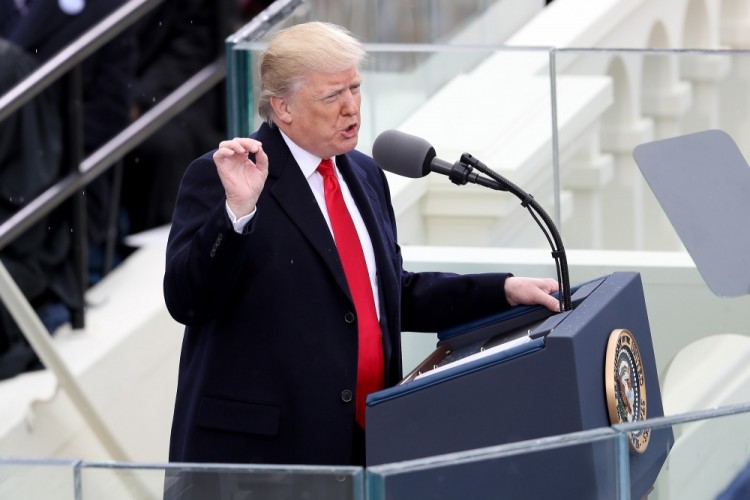 WASHINGTON, DC - JANUARY 20: President Donald Trump delivers his inaugural address on the West Front of the U.S. Capitol on January 20, 2017 in Washington, DC. In today's inauguration ceremony Donald J. Trump becomes the 45th president of the United States.   Joe Raedle/Getty Images/AFP == FOR NEWSPAPERS, INTERNET, TELCOS & TELEVISION USE ONLY ==