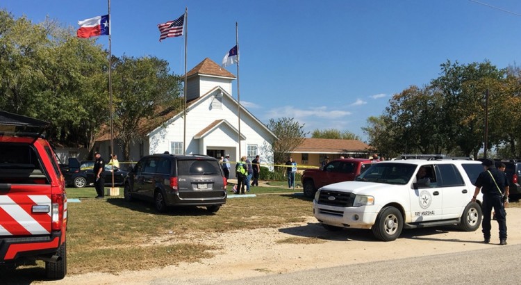 Emergency personnel respond to a fatal shooting at a Baptist church in Sutherland Springs, Texas, Sunday, Nov. 5, 2017. (KSAT via AP)