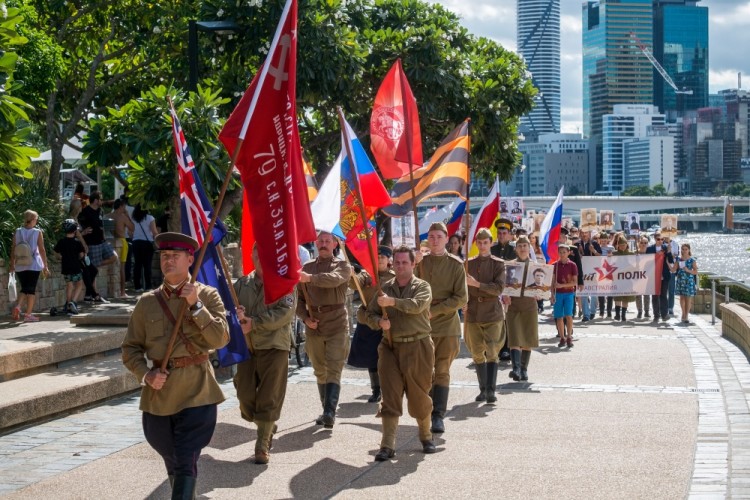 BRISBANE, AUSTRALIA - MAY 7, 2017: People take part in an Immortal Regiment memorial event marking the 72nd anniversary of the Victory over Nazi Germany in the Second World War. Polina Levina/TASS