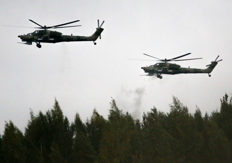LENINGRAD REGION, RUSSIA - SEPTEMBER 18, 2017: Helicopters in Zapad 2017, a joint military exercise by the armed forces of Russia and Belarus at Luzhsky. Novoderezhkin/TASS