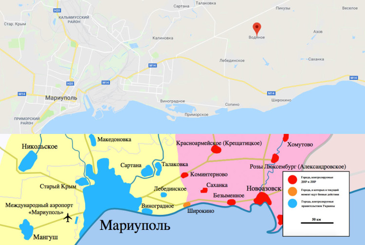 Фрагмент карты Google и скриншот карты боевых действий на Востоке Украины. Изображение Marktaff, ZomBear / Викисклад / CC BY-SA 4.0.