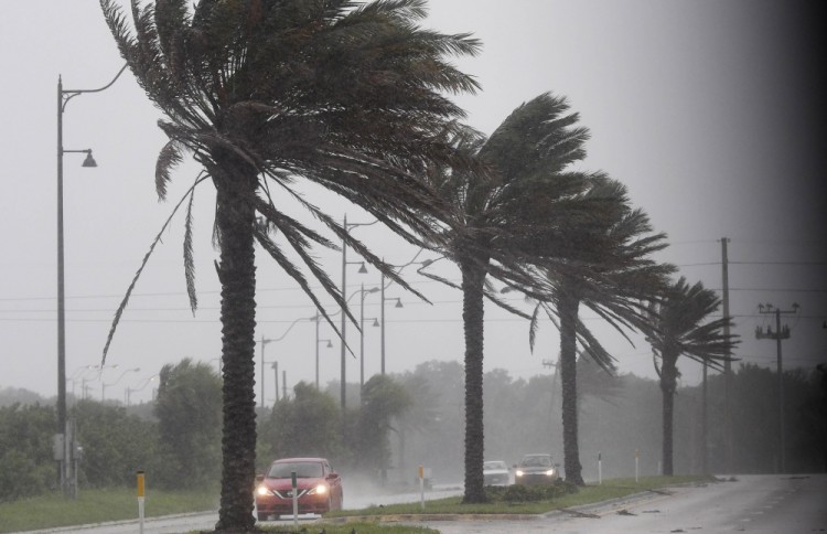 Sep 10, 2017; Palm Bay, FL, USA;  Cars drive down US 1 in Palm Bay FL as winds from Hurricane Irma batter the trees.  Mandatory Credit: Craig Bailey/Florida Today via USA TODAY NETWORK